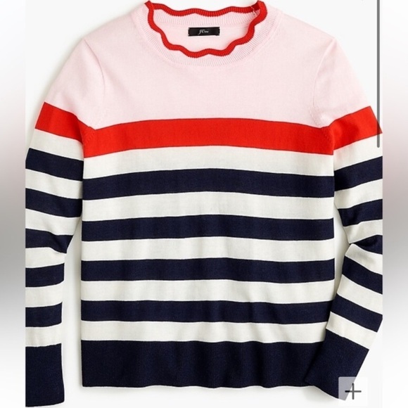J. Crew Scallop Trimmed Pullover Striped Sweater Wool Blend Nautical NWT Sz XS - Picture 2 of 15